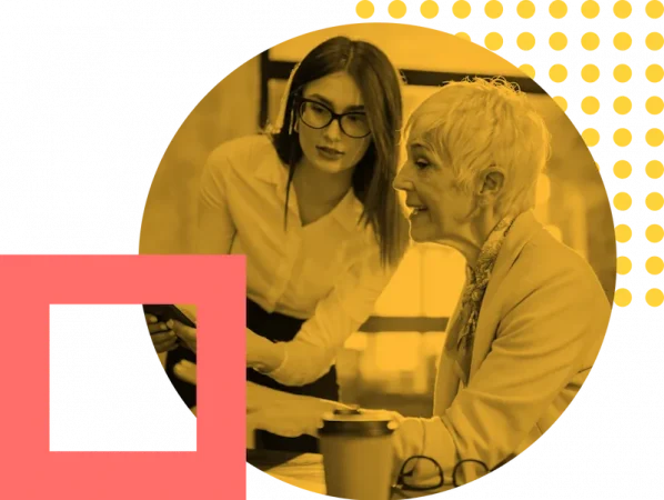 Illustration of a younger woman and an older woman having a conversation, set against a solid yellow background.